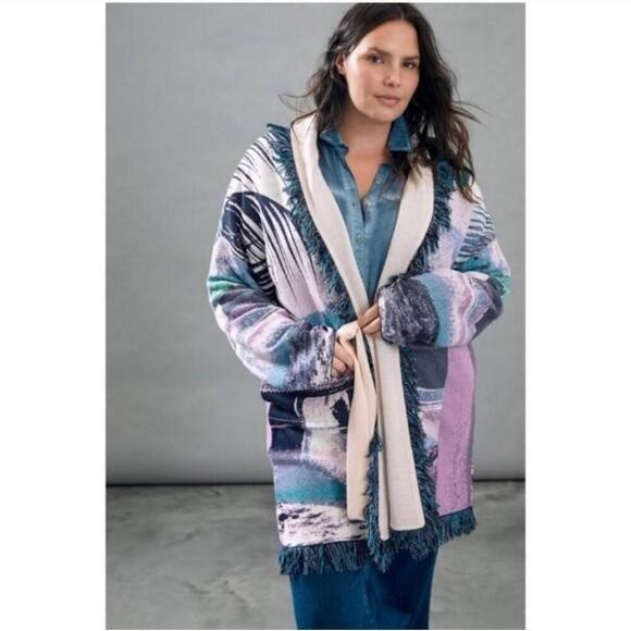 NWT Anthropologie Sunset Fringe Belted Cardigan Blanket Jacket MP - Picture 9 of 11